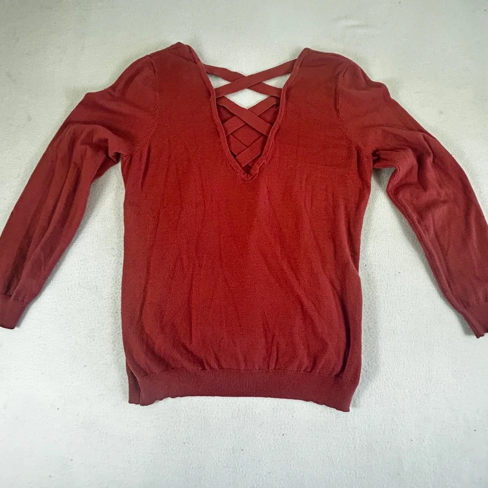 Love Ellie Womens‎ Rust Orange Lattice Back V-Neck Knit Sweater Large 01943